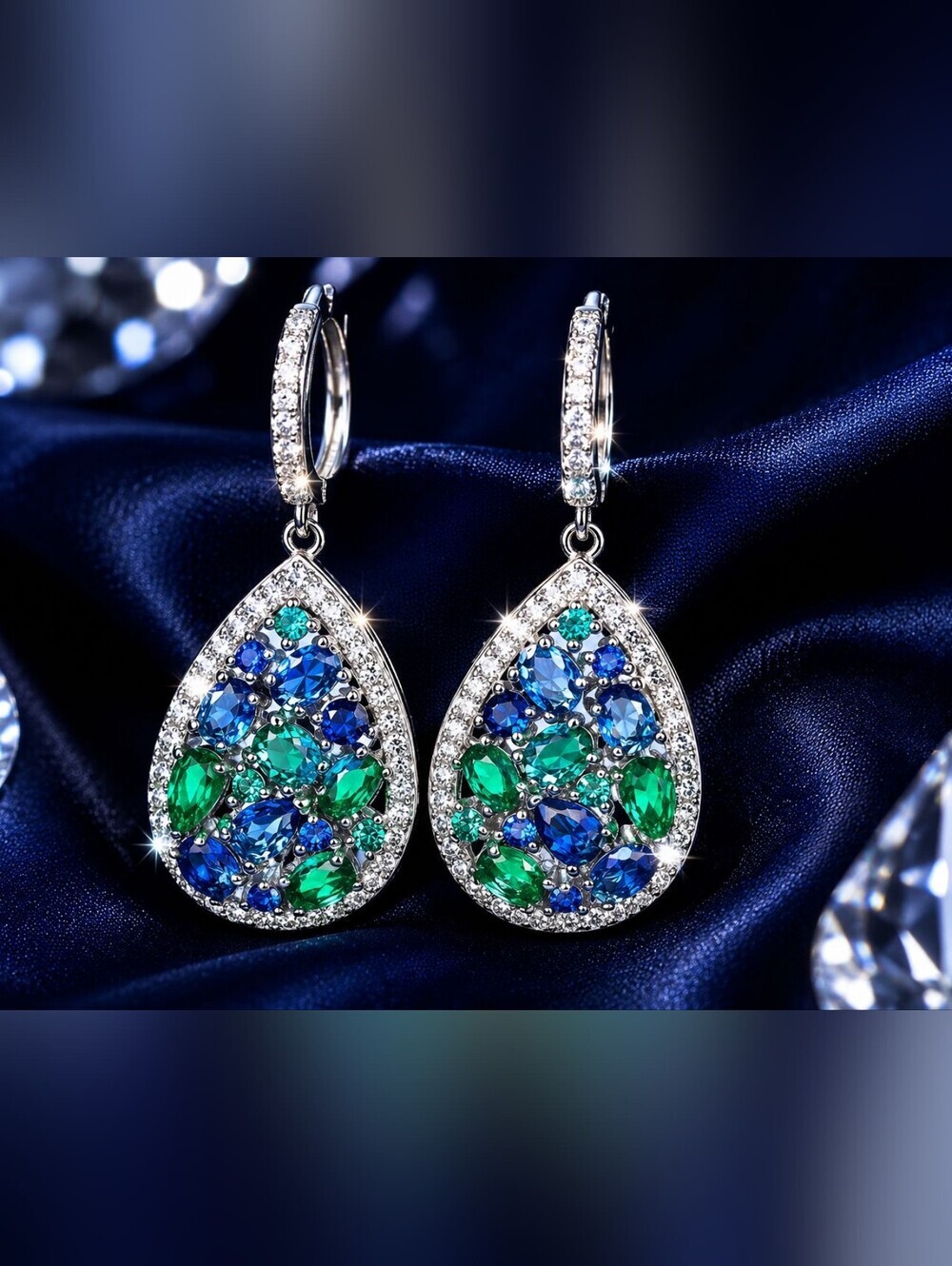 Blue and Green Teardrop Crystal Earrings